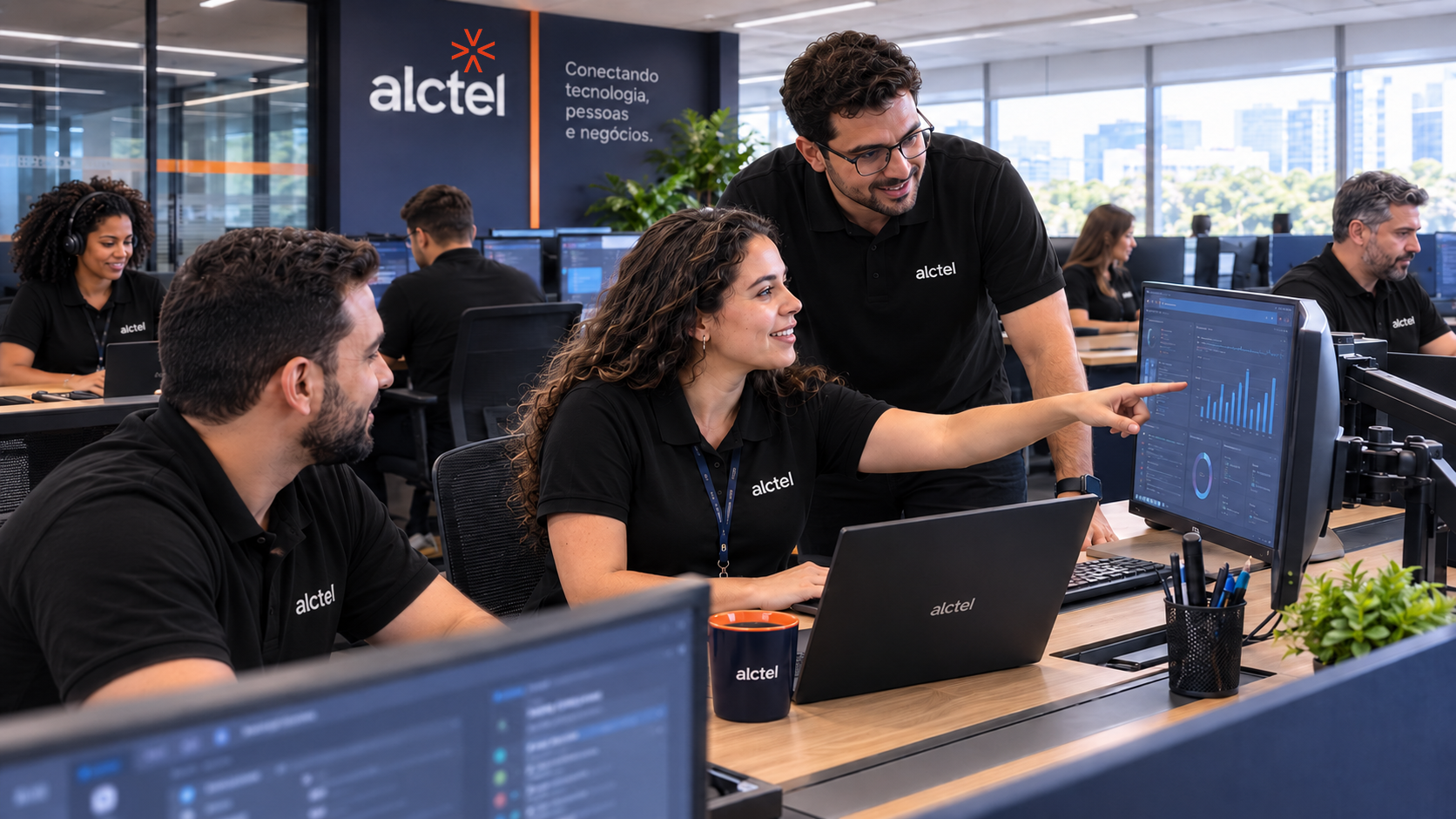 Escritório moderno da Alctel, ambiente de trabalho da equipe