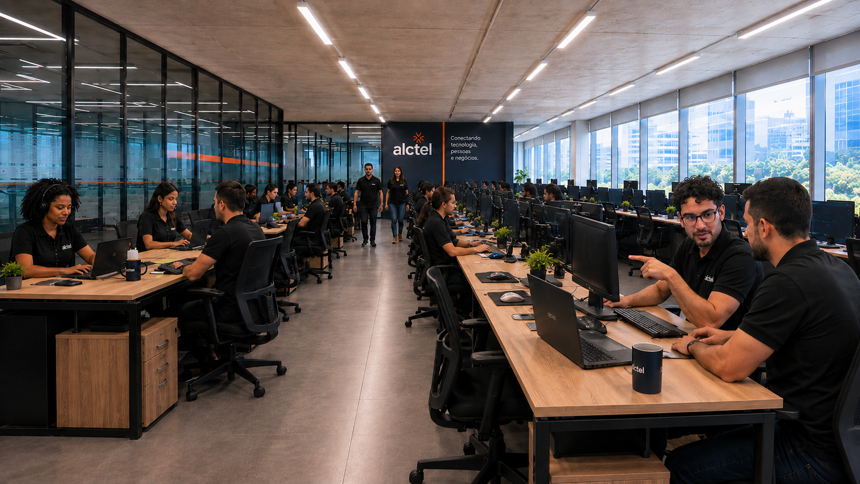 Escritório moderno da Alctel, ambiente de trabalho da equipe